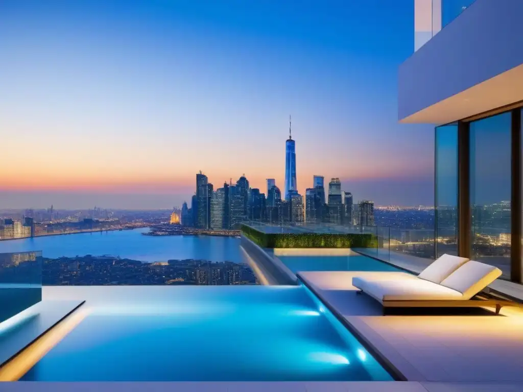 Un penthouse de lujo en el corazón de la ciudad, con vista panorámica, cocina moderna, sala amplia y terraza con piscina infinita