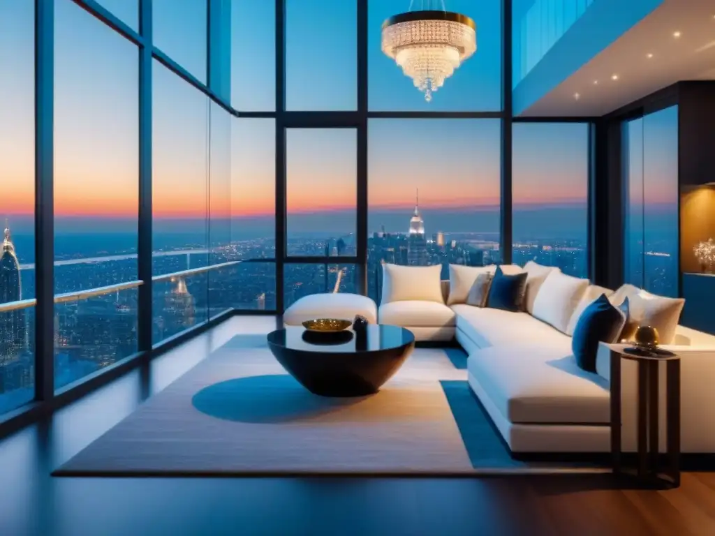 Penthouse de lujo: diseño elegante y sofisticado en la ciudad Un penthouse de lujo con diseño elegante y moderno, ventanales de piso a techo, muebles contemporáneos y lujosos elementos decorativos