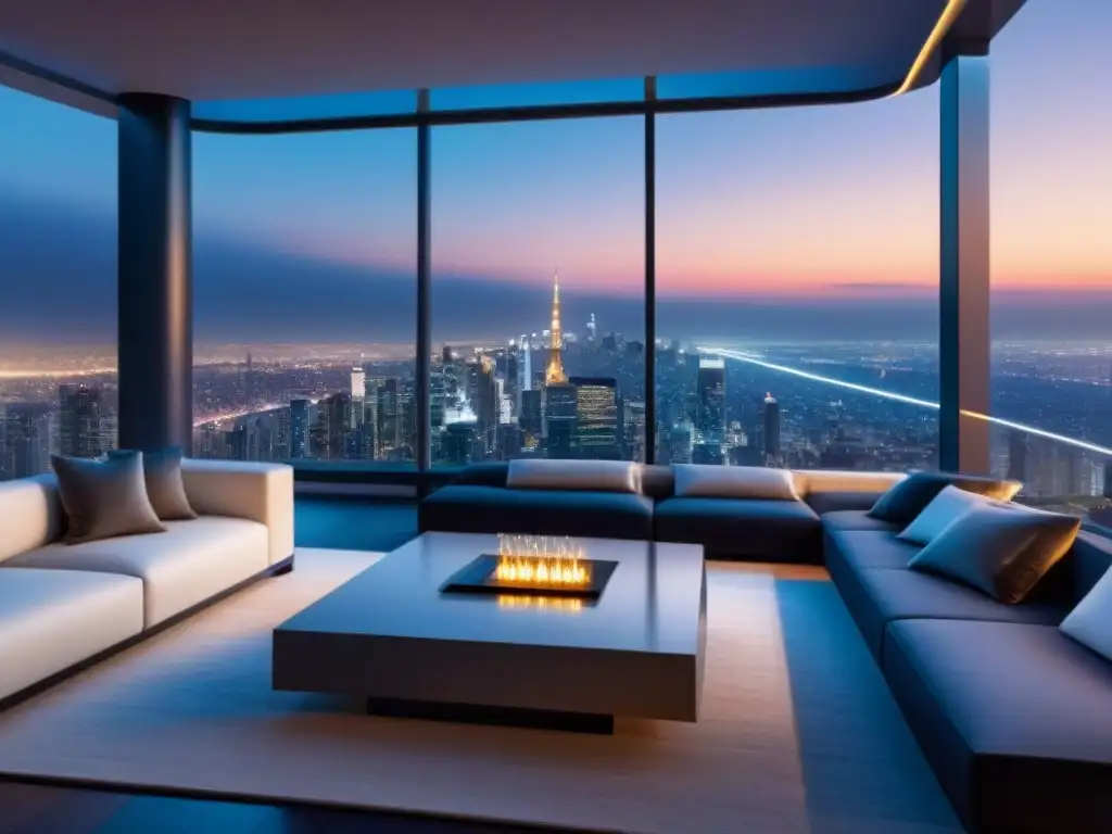Penthouse de lujo futurista con tecnología inteligente y Big Data Un penthouse de lujo futurista con tecnología smart, mobiliario elegante y datos inmobiliarios en tiempo real
