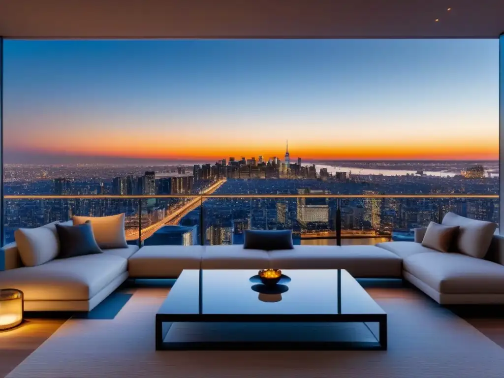 Penthouse de lujo con vistas a la ciudad al anochecer Un penthouse de lujo ultramoderno con vista a la ciudad al anochecer