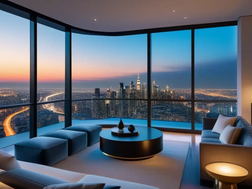 Penthouse de lujo con vistas panorámicas a la ciudad Un penthouse de lujo con vista a la ciudad, muebles modernos, terraza espaciosa y acabados elegantes