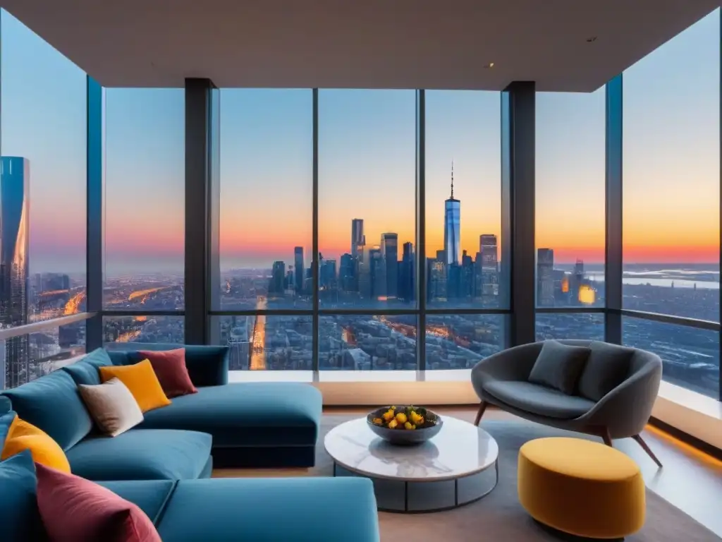 Un penthouse de lujo con vista a la ciudad al atardecer