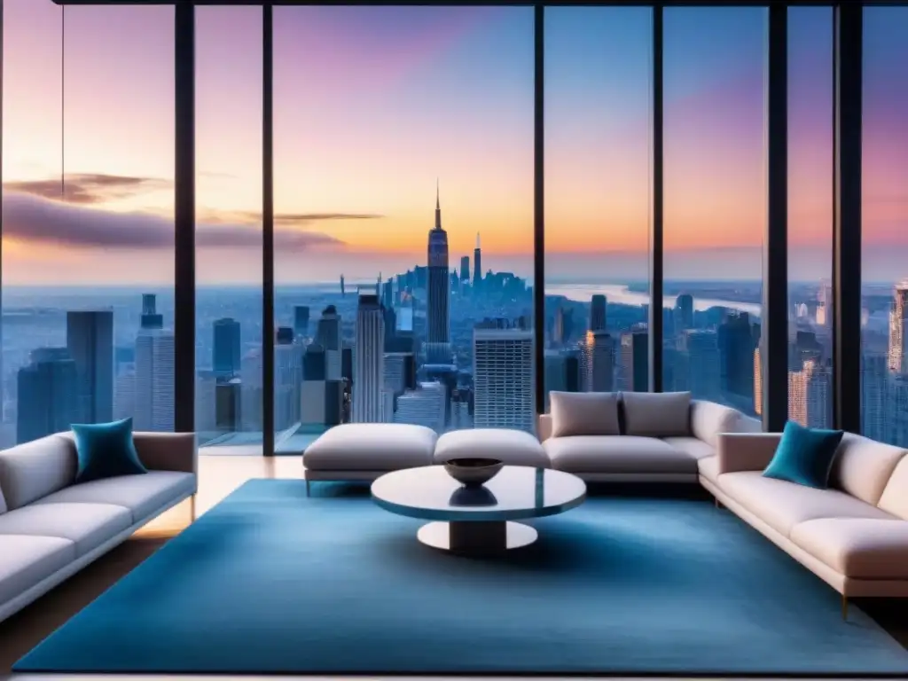 Penthouse de lujo con vista panorámica al atardecer en la ciudad Un penthouse de lujo con vista a la ciudad al atardecer, decorado con elegancia y sofisticación, en medio de la crisis económica del mercado de lujo