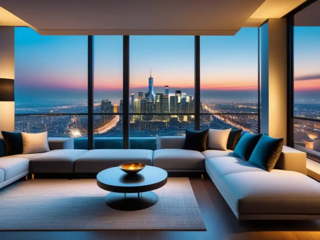 Un penthouse de lujo con vista nocturna de la ciudad, diseño elegante y todas las necesidades del inquilino en propiedades de lujo