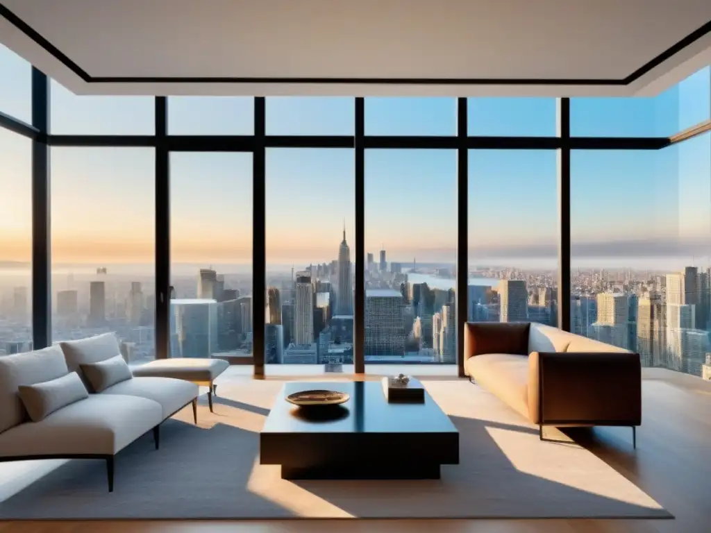 Penthouse de lujo con vista panorámica en 8k Un penthouse de lujo con vista panorámica a la ciudad, elegante mobiliario contemporáneo y colores neutros, refleja valor percibido bienes raíces
