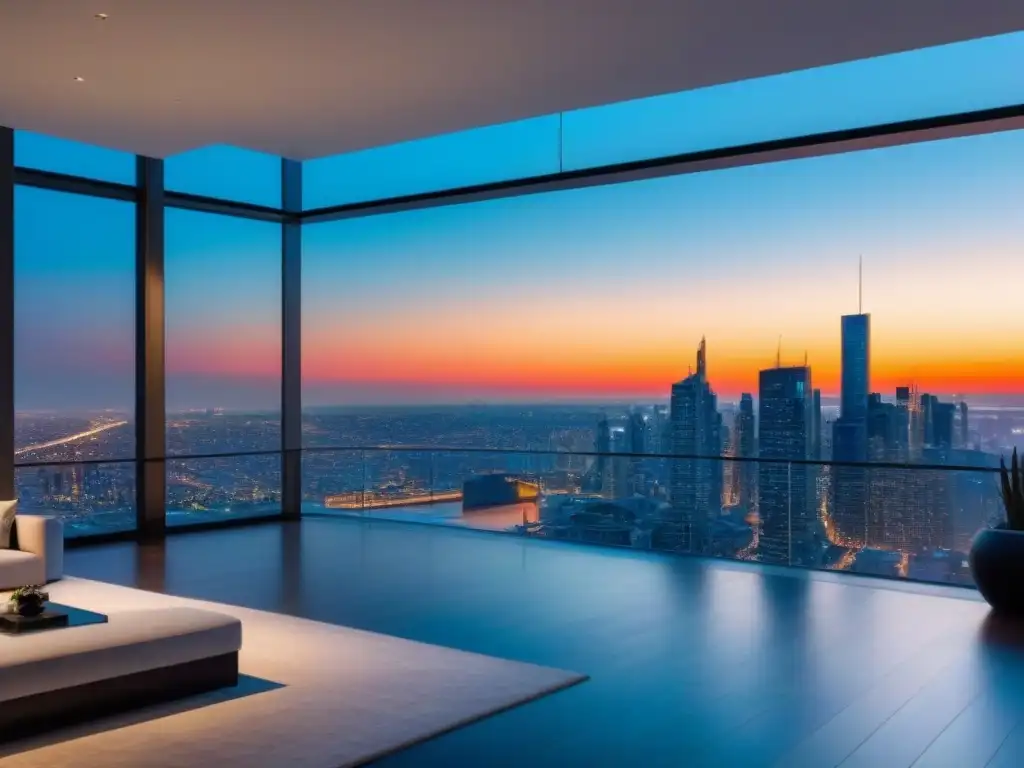 Penthouse de lujo con vista panorámica en ciudad futurista Un penthouse de lujo con vistas a la ciudad, mobiliario contemporáneo, tecnología inteligente y diseño elegante