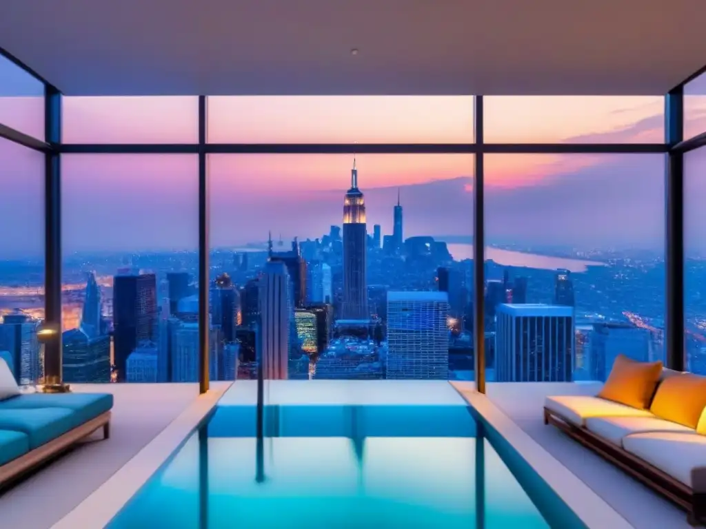 Penthouse de lujo con infinity pool y vistas panorámicas al atardecer Un penthouse de lujo con vistas a la ciudad al anochecer, mobiliario contemporáneo y terraza con piscina infinita y vistas panorámicas