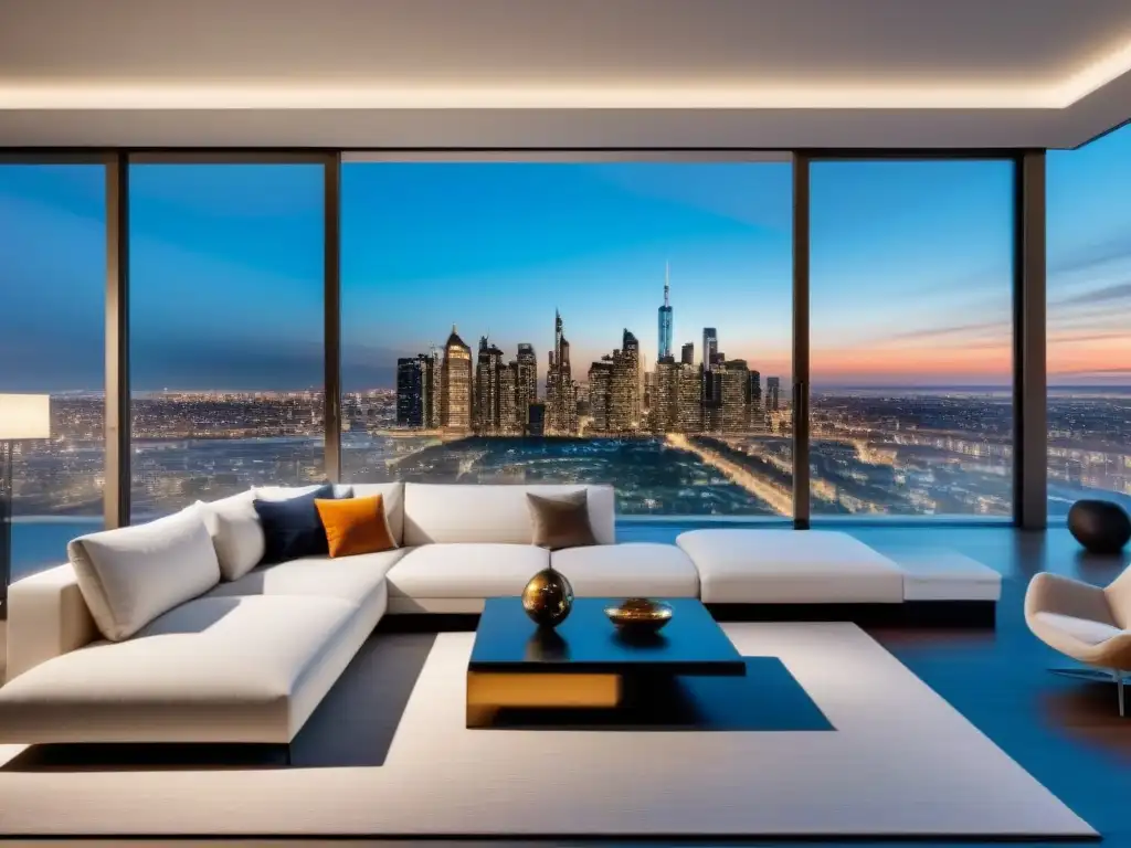 Penthouse de lujo con vista a la ciudad al atardecer Un penthouse de lujo con vistas a la vibrante ciudad al atardecer, diseño contemporáneo y tecnología de vanguardia