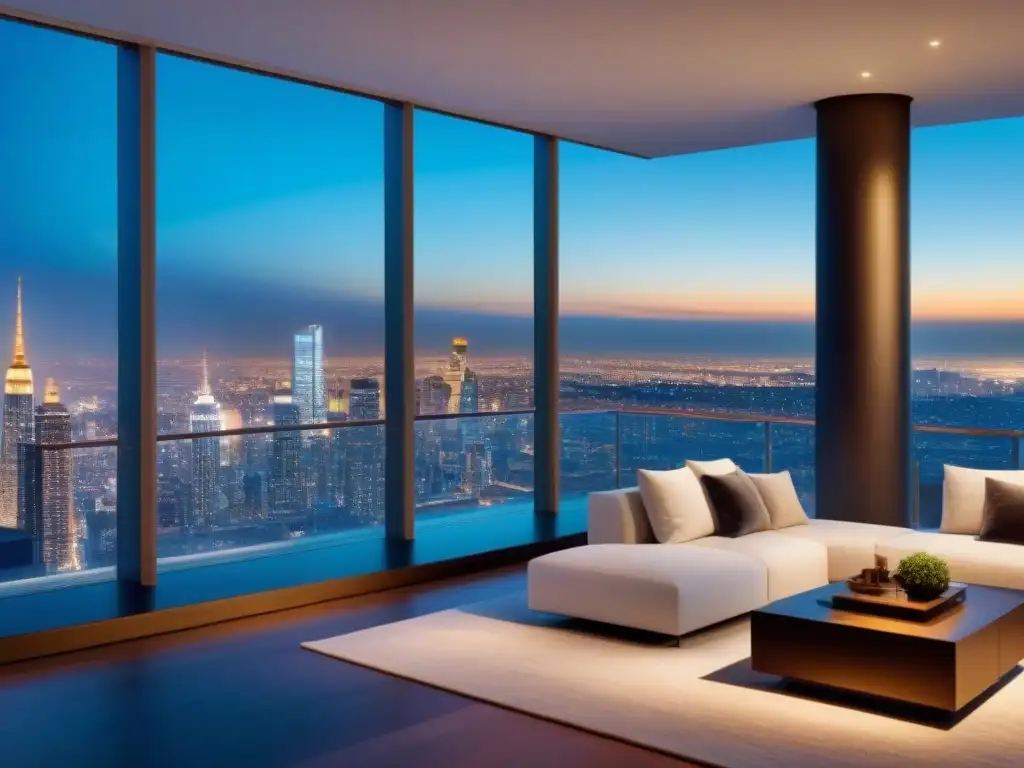 Penthouse de lujo con vistas urbanas al atardecer Un penthouse lujoso y moderno con vista a la ciudad al atardecer, diseño elegante y ambiente sofisticado