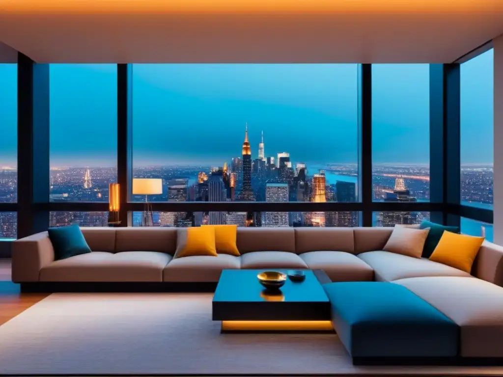 Penthouse de lujo con vistas a la ciudad al anochecer Un penthouse lujoso con vista a la ciudad al anochecer, diseño elegante y tecnología de vanguardia
