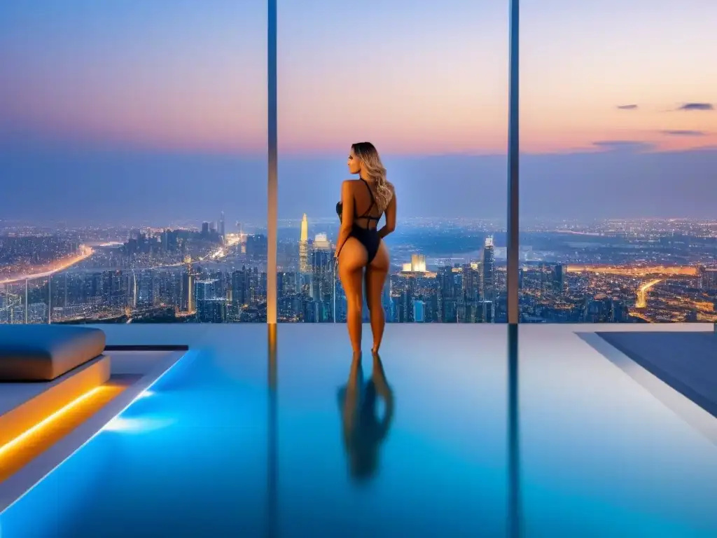 Penthouse de lujo con vista panorámica y piscina infinita al atardecer Un penthouse lujoso con vista a la ciudad al atardecer, diseño elegante y tecnología inteligente