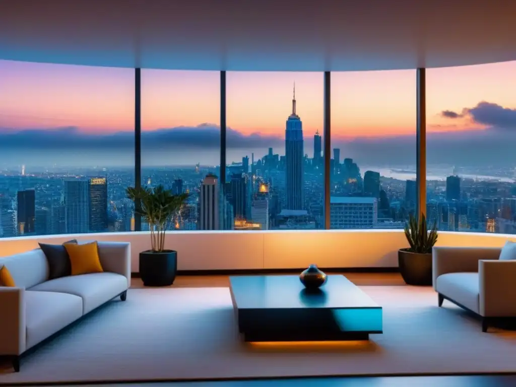 Penthouse de lujo con vistas a la ciudad al atardecer Un penthouse moderno de lujo con diseño sofisticado y vista panorámica a la ciudad al atardecer, ideal para anuncios alto impacto negocio inmobiliario