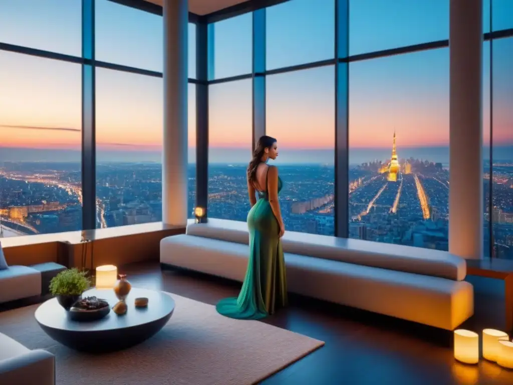 Penthouse de lujo con vista a la ciudad al atardecer: diseño moderno y elegante Un penthouse moderno de lujo con impacto en crisis económicas, iluminado por la ciudad al anochecer