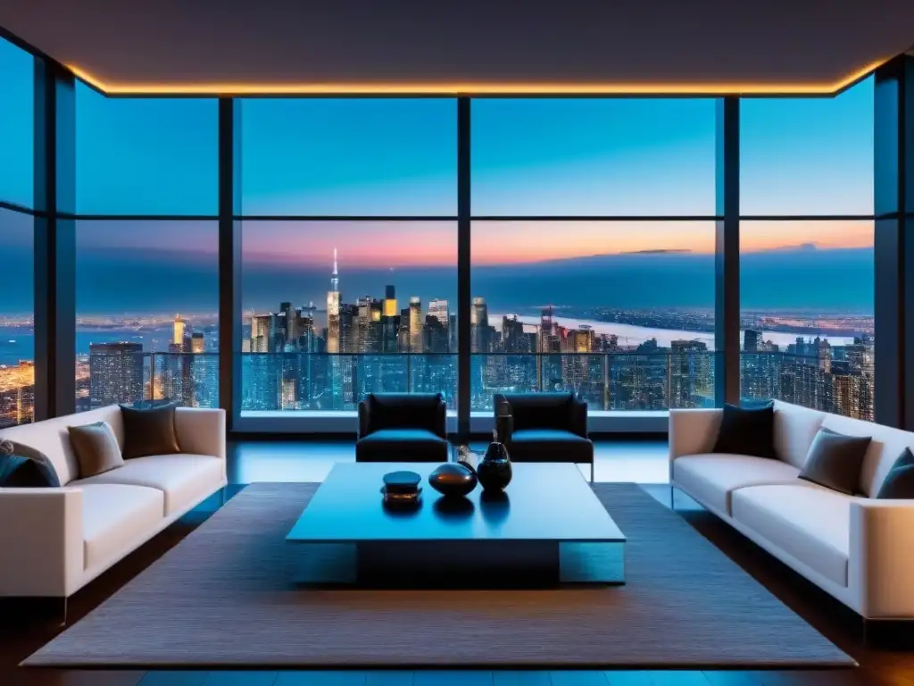 Un penthouse moderno de lujo con tecnología en inversión inmobiliaria exclusiva, con vistas nocturnas a la ciudad y elegante decoración