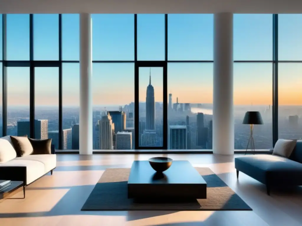 Un penthouse moderno de lujo con ventanales de piso a techo y vista a la ciudad