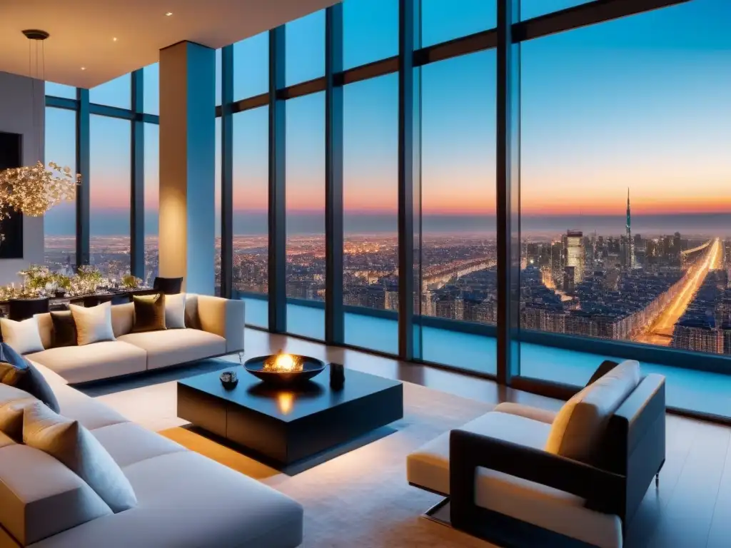 Penthouse de lujo con vista panorámica nocturna de la ciudad Un penthouse moderno de lujo con vista a la ciudad de noche