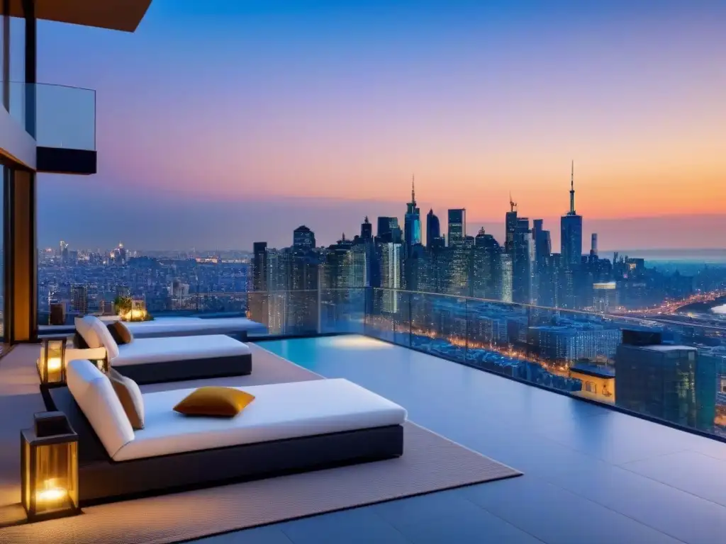 Penthouse de lujo con vista panorámica y diseño sofisticado Penthouse moderno de lujo con vista a la ciudad, decoración elegante y terraza espaciosa