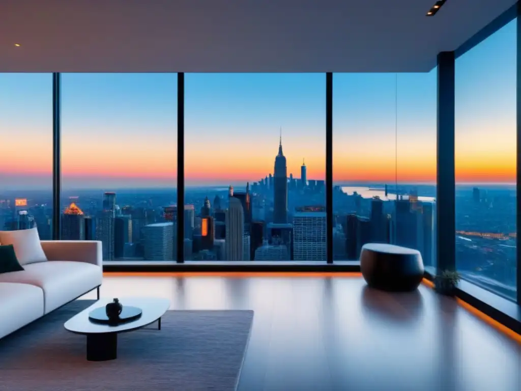 Penthouse de lujo: diseño contemporáneo con vistas urbanas Un penthouse moderno de lujo con vista a la ciudad, muebles elegantes y arte refinado