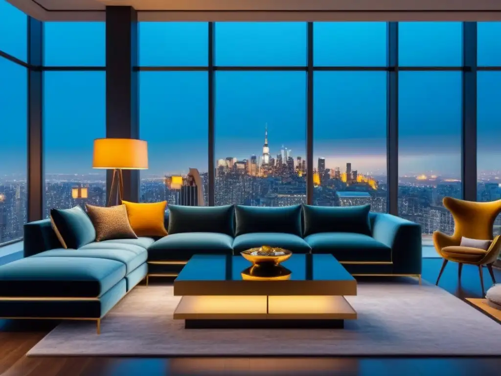 Salón de lujo en penthouse moderno con vista panorámica al atardecer Un penthouse moderno de lujo con vista nocturna de la ciudad y mobiliario elegante