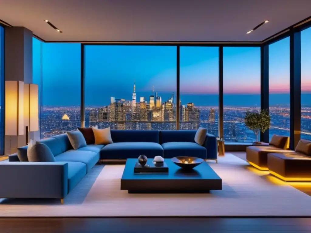 Un penthouse moderno de lujo con vista a la ciudad al atardecer, diseño elegante y sistema de entretenimiento de última generación