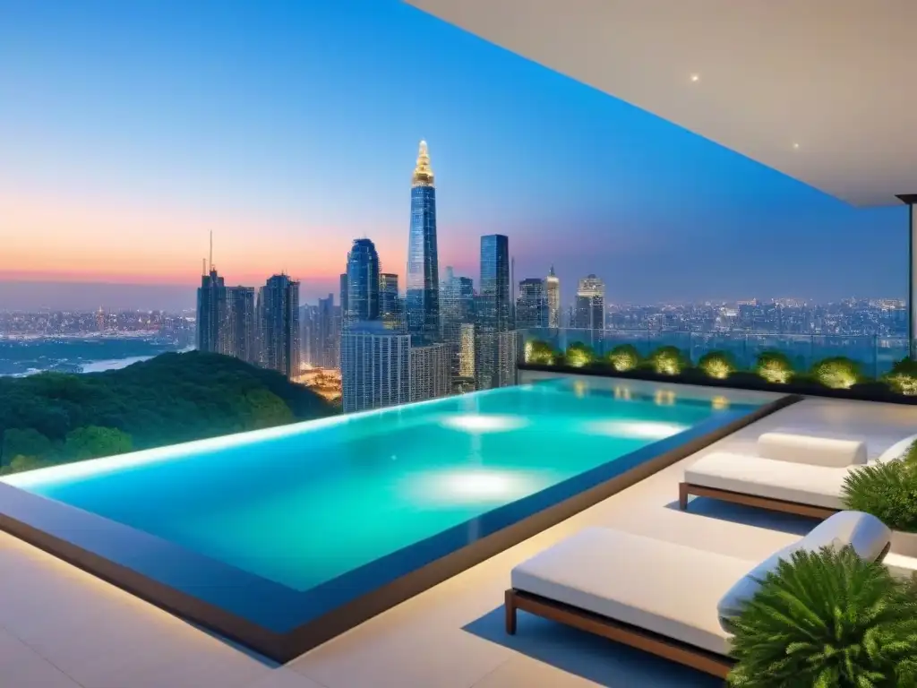 Ático de lujo con vistas a la ciudad al atardecer Penthouse moderno de lujo con vista a la ciudad al atardecer, diseño elegante y piscina privada, ideal para estrategias blindaje inversiones inmobiliarias