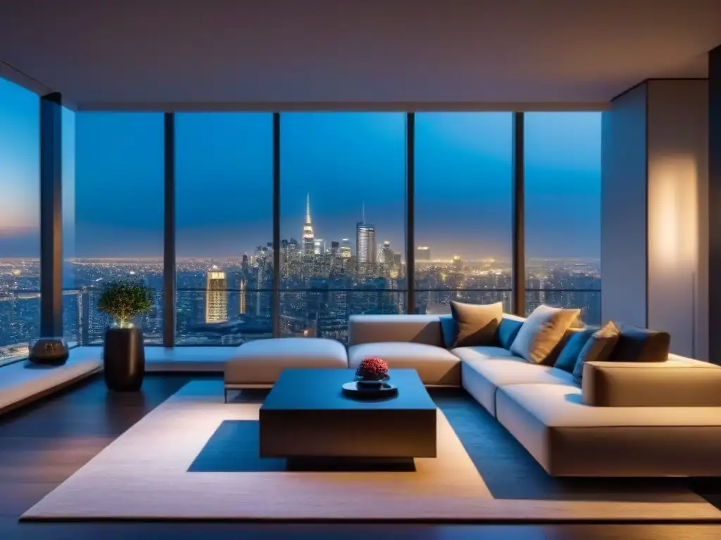 Penthouse de lujo con vista nocturna a la ciudad Un penthouse moderno de lujo con vista a la ciudad de noche