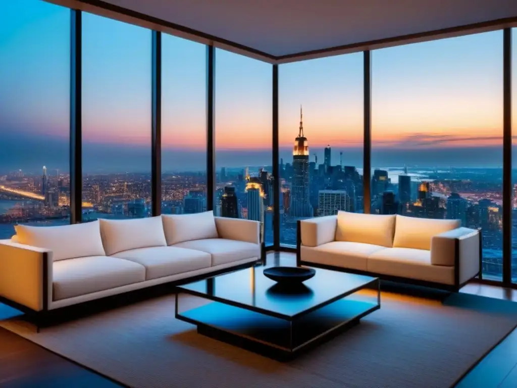 Penthouse de lujo con vistas a la ciudad al anochecer Un penthouse moderno de lujo con vista a la ciudad al anochecer, diseño elegante y estrategias gestión propiedades lujo