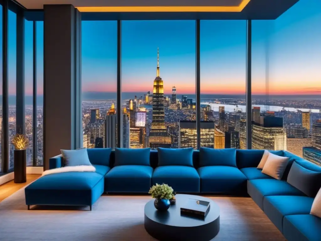 Penthouse de lujo con vista panorámica de la ciudad al anochecer Un penthouse moderno de lujo con vista a la ciudad al atardecer