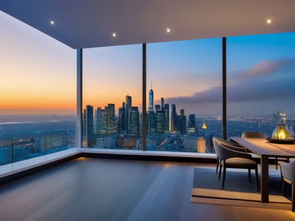 Penthouse de lujo con vistas a la ciudad Un penthouse moderno de lujo con vista a la ciudad, terraza espaciosa y diseño interior contemporáneo