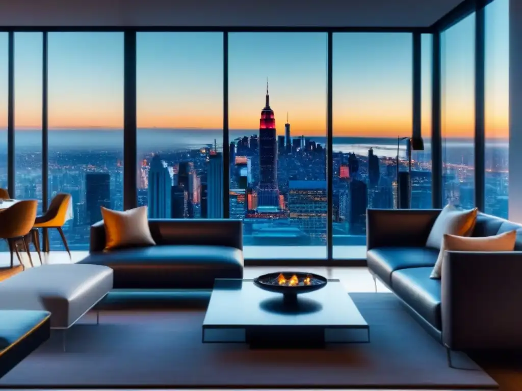 Penthouse de lujo con vistas a la ciudad: diseño moderno y elegante Un penthouse moderno de lujo con vistas a la vibrante ciudad, diseño elegante y una paleta de colores sofisticada