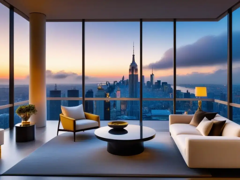 Penthouse de lujo con vista panorámica al atardecer Un penthouse moderno de lujo con vistas a un horizonte urbano al atardecer, decorado con toques de oro y mármol