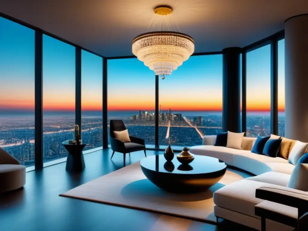 Penthouse de lujo con vistas a la ciudad al atardecer Penthouse moderno de lujo con vistas a la ciudad al atardecer, decoración elegante y muebles contemporáneos