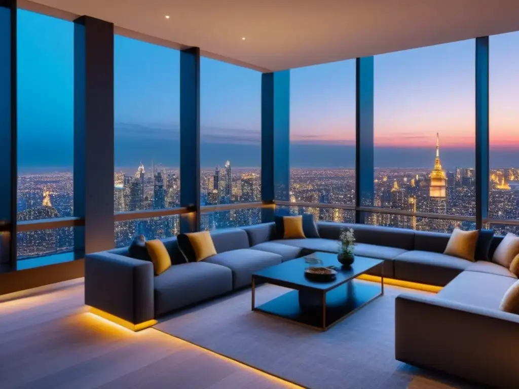 Penthouse de lujo con vistas a la ciudad al atardecer Un penthouse moderno de lujo con vistas a la ciudad al atardecer, diseño elegante y oportunidades de inversión inmobiliaria