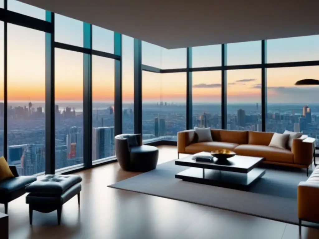 Penthouse de lujo con vista a la ciudad en 8k Penthouse moderno y lujoso con vista urbana, mobiliario contemporáneo y arte