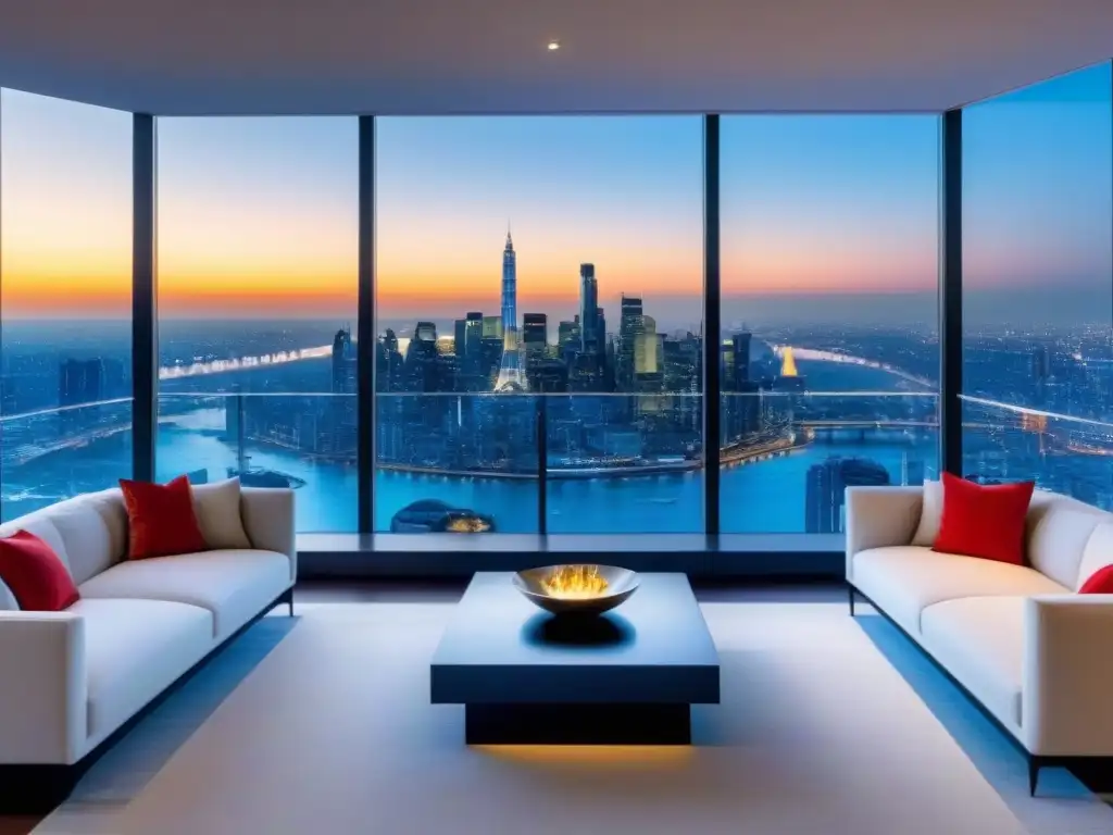 Penthouse de lujo con vista panorámica en ciudad vibrante al atardecer Un penthouse moderno y lujoso con vista a la ciudad al anochecer, ventanales, muebles contemporáneos y terraza amplia