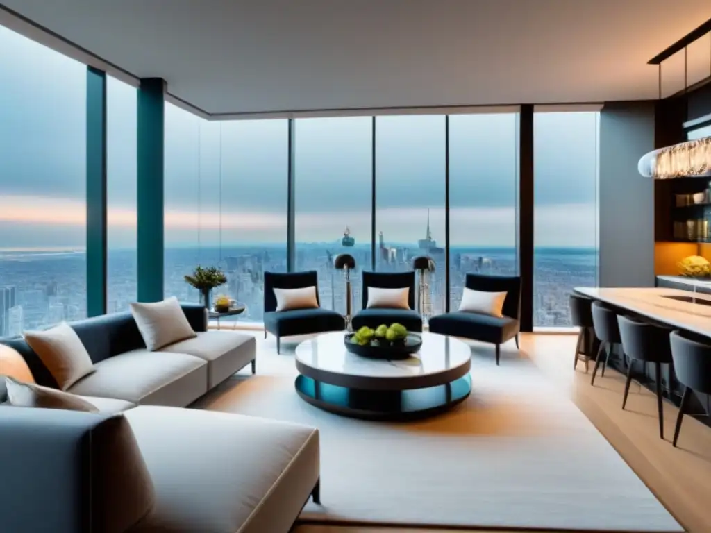Penthouse moderno con vistas panorámicas en la ciudad Un penthouse moderno y lujoso con vista panorámica a la ciudad, muebles elegantes y elementos de diseño sofisticados