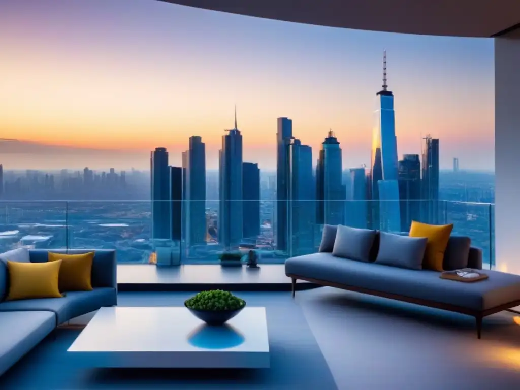 Penthouse de lujo con vista panorámica a la ciudad Un penthouse moderno y lujoso con vista a la ciudad al atardecer