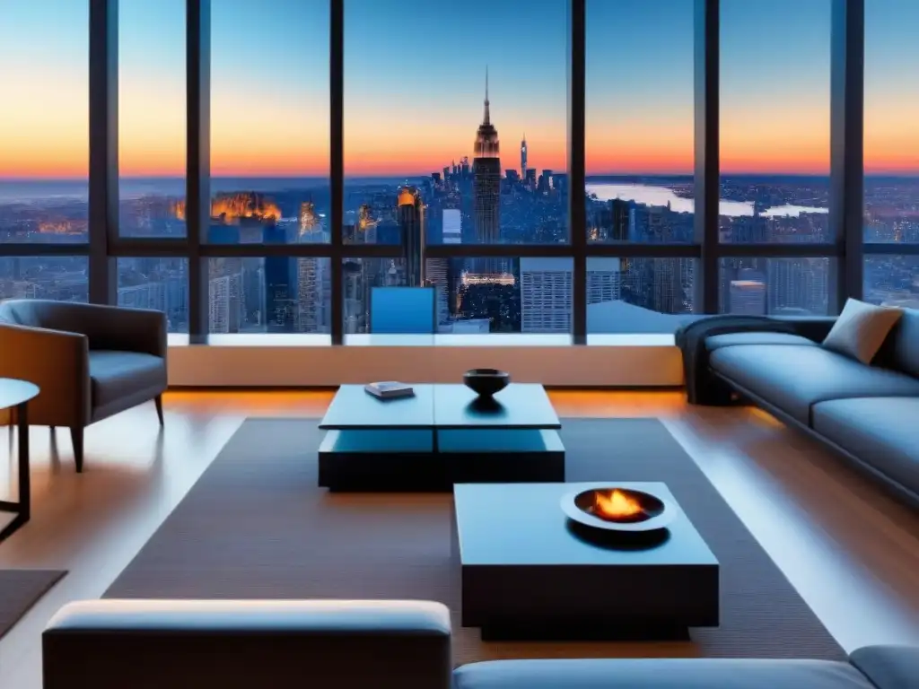 Penthouse de lujo con vista panorámica de la ciudad al atardecer Un penthouse moderno y lujoso con vista a la ciudad al atardecer