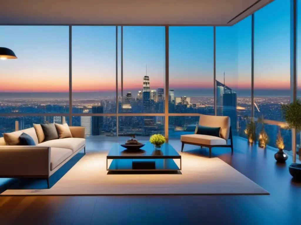 Ático de lujo con vista panorámica al anochecer Un penthouse moderno y lujoso con vista a la ciudad al anochecer, con ventanales y decoración elegante