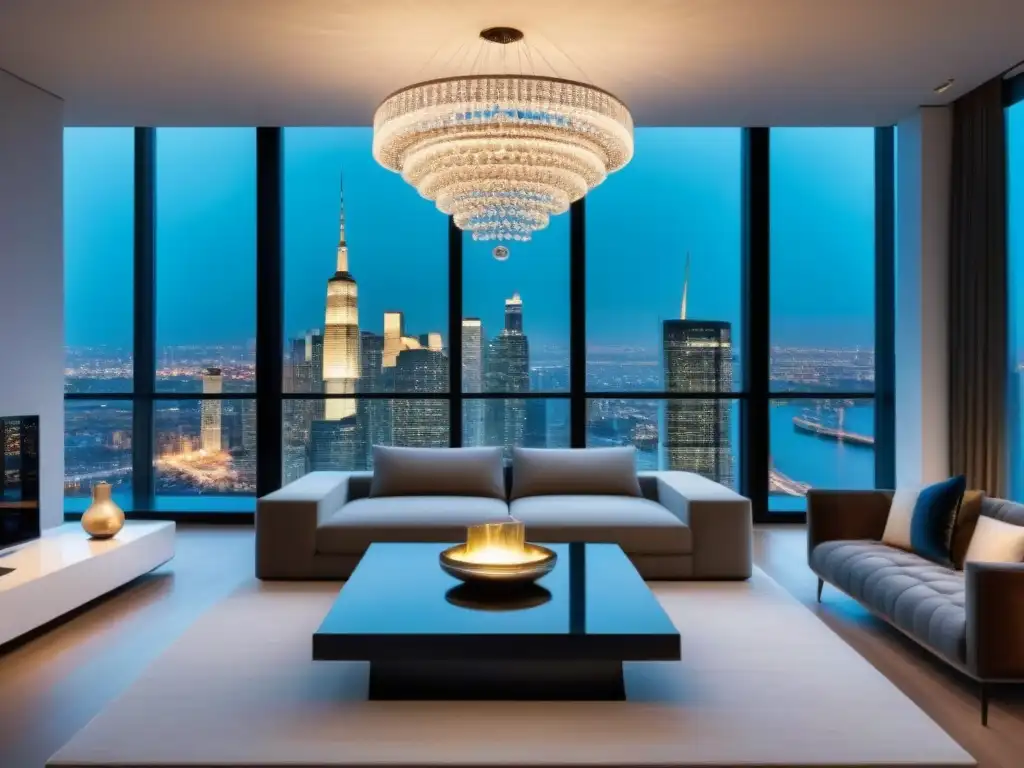 Penthouse de lujo con vista panorámica a la ciudad Un penthouse moderno y lujoso con vista a la ciudad, amueblado elegantemente