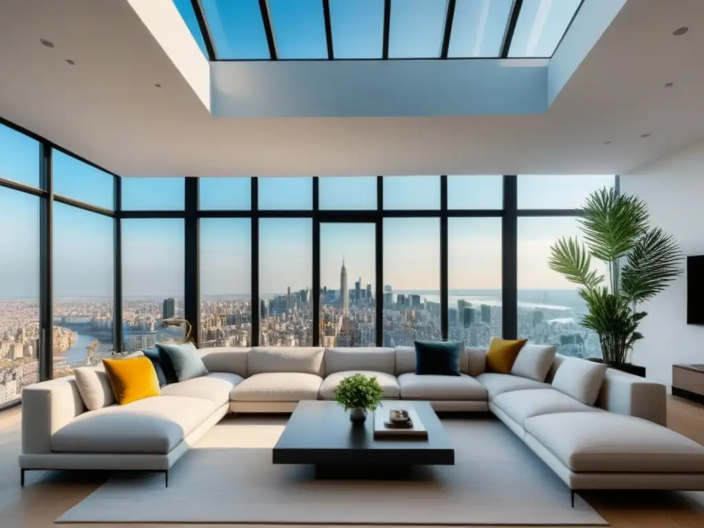 Penthouse contemporáneo: lujo y sofisticación en la ciudad Un penthouse moderno y lujoso con vistas panorámicas a la ciudad y una elegante decoración minimalista