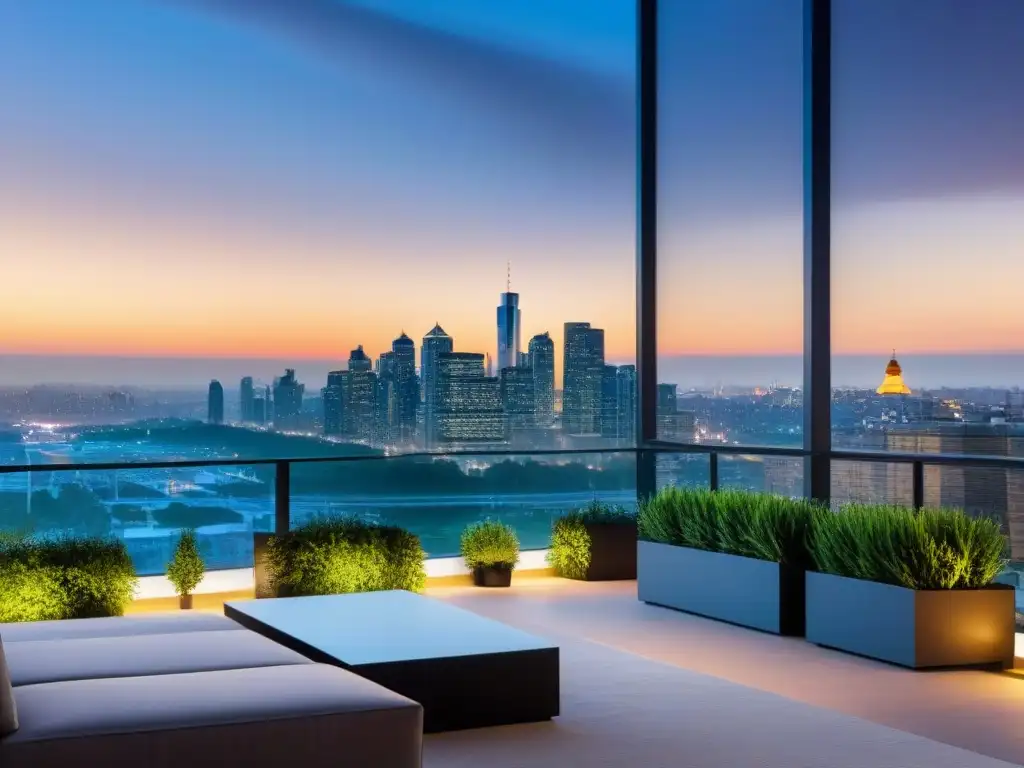 Ático moderno de lujo con vistas urbanas y diseño contemporáneo Un penthouse moderno y lujoso con vistas a la ciudad, elegante y sofisticado