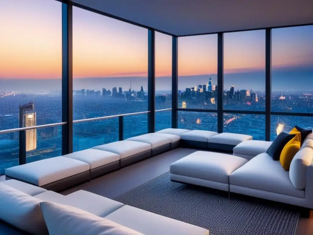 Penthouse de lujo con vista urbana al atardecer Un penthouse moderno y lujoso con vistas a la ciudad al atardecer, ideal para inversores inmobiliarios en planificación fiscal