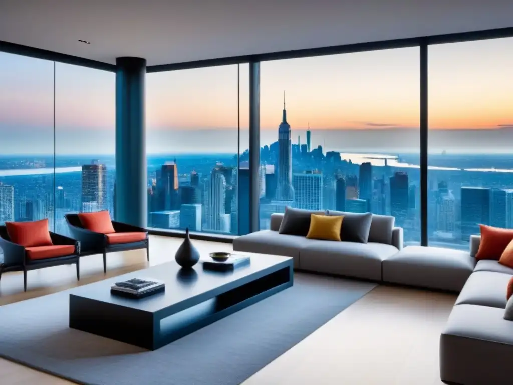 Penthouse de lujo con vistas panorámicas en la ciudad Un penthouse moderno y lujoso con vistas a la ciudad, decorado con elegancia y estilo