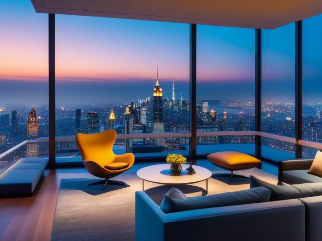 Un penthouse moderno y lujoso con vistas a la ciudad al atardecer, mobiliario contemporáneo y elegante iluminación