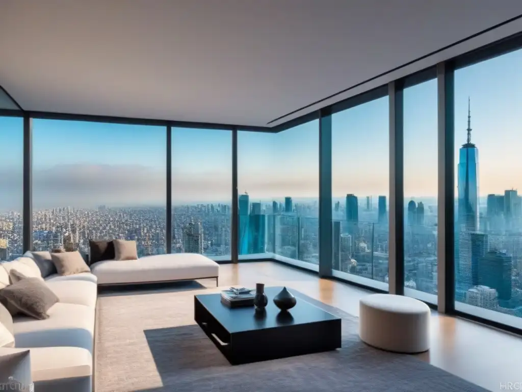 Penthouse de lujo con vistas panorámicas en la ciudad Un penthouse moderno y lujoso con vistas urbanas, muebles contemporáneos y terraza panorámica