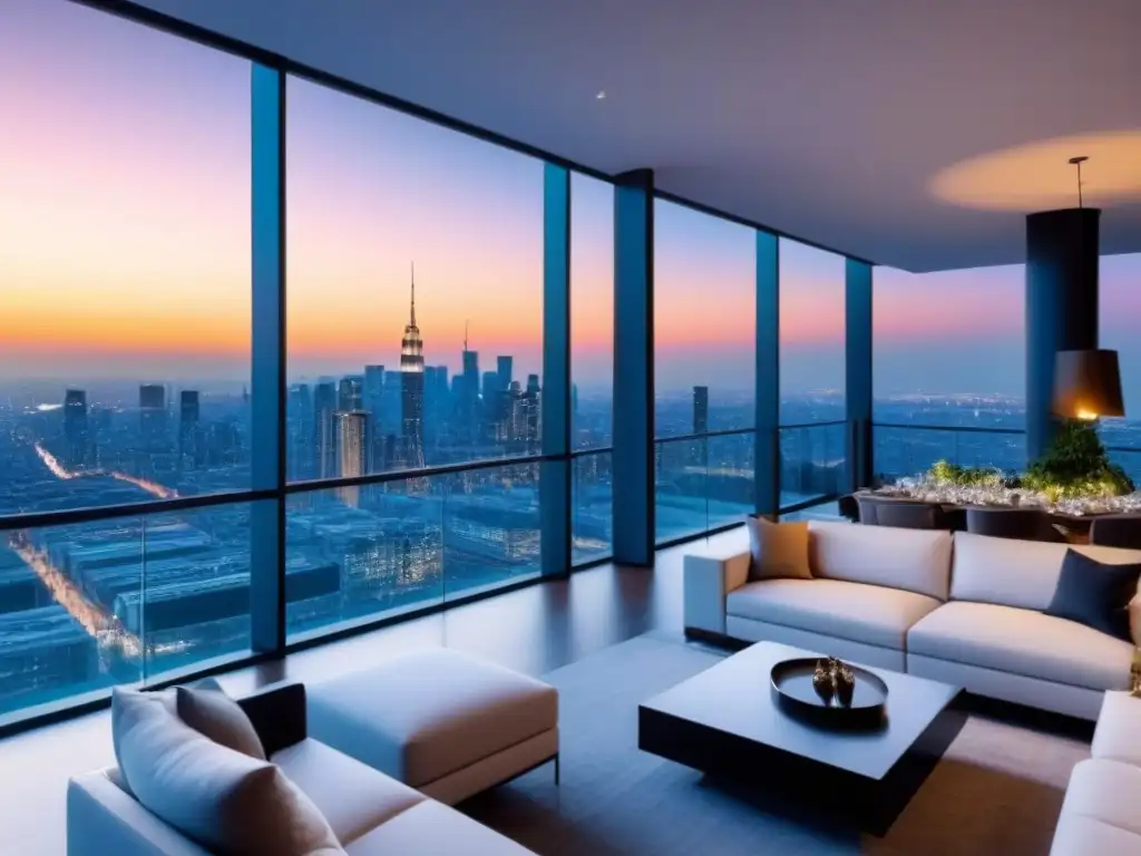 Penthouse de lujo con vista panorámica y diseño vanguardista Un penthouse moderno con vista a la ciudad y atardecer desde una terraza espaciosa