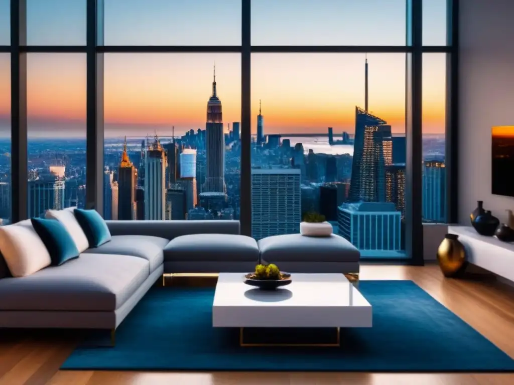 Penthouse de lujo con vistas panorámicas al atardecer Penthouse moderno con vista a la ciudad al atardecer, luces doradas crean ambiente cálido