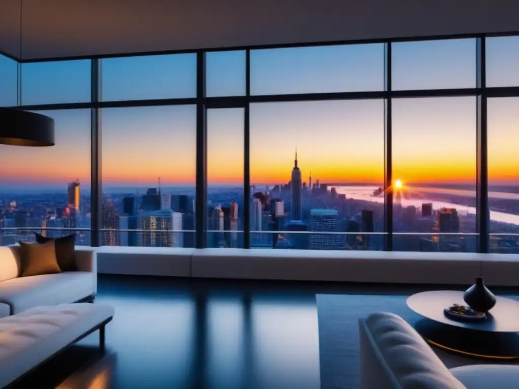 Penthouse de lujo con vistas urbanas al atardecer Penthouse moderno con vista a la ciudad al atardecer, destacando beneficios fiscales inversiones inmobiliarias