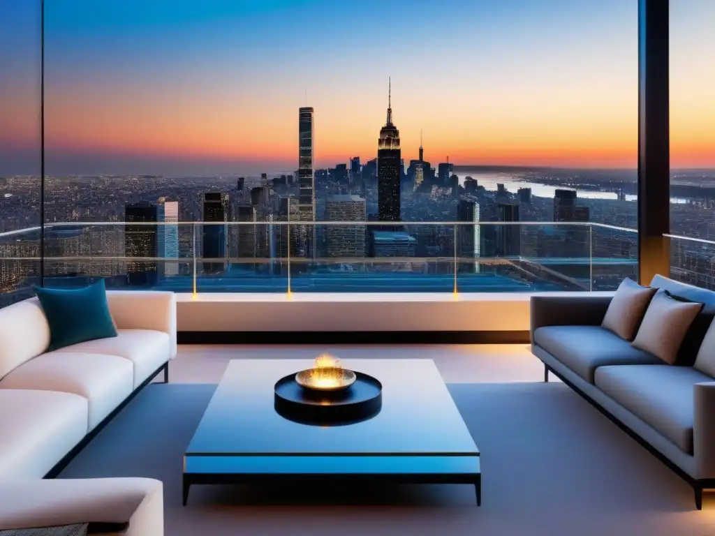 Penthouse de lujo con vistas panorámicas en la ciudad Penthouse moderno con vista panorámica de la ciudad al atardecer, diseño elegante y lujoso